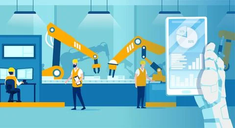 Smart factory with robot control over workers on assembly line Ilustración de archivo