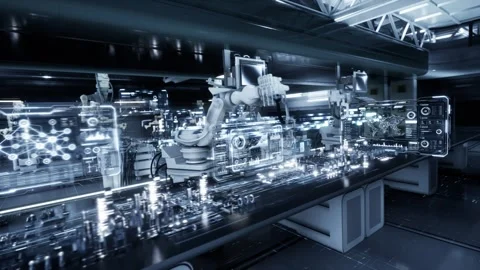 Smart Factory Robotic Arm Microchip Assembly, Industry 4.0 3D Animation 動画素材 347512930