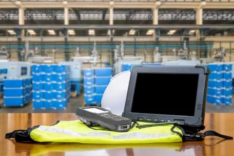 Smart factory - Rugged computers tablet and Bluetooth barcode scanner in fron Stock Photos