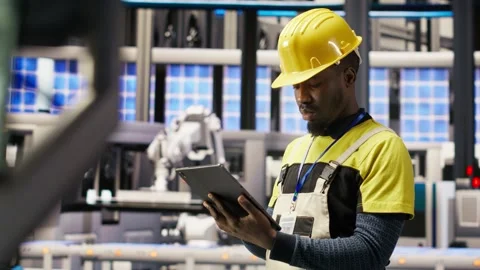 Smart factory specialist testing automated systems, monitoring operations Stock Footage 308720581