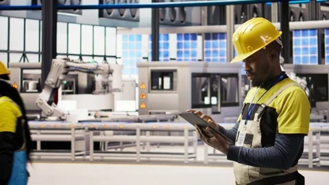 Smart factory specialist testing automated systems, monitoring operations Stock Footage 308721911