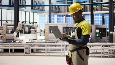 Smart factory specialist, testing automated systems, monitoring production Stock Footage 308724362