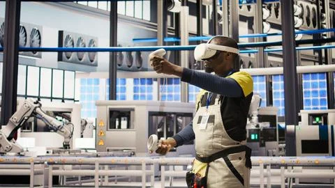 Smart factory specialist using virtual reality simulation to predict failures Stock Photos