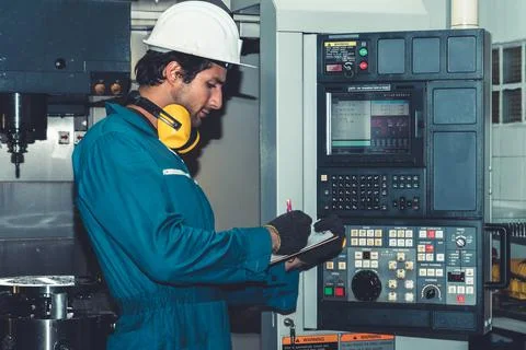 Smart factory worker or engineer do machine job in manufacturing workshop Stock Photos