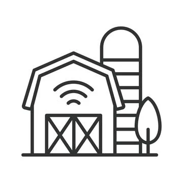 Smart farm barn building icon in line design. Agriculture, technology, rural Stock Illustration