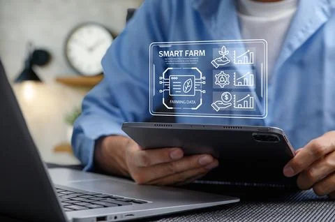 Smart Farm Control Analysis Using Technology and Data Management Stock Photos