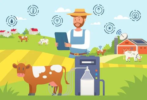 Smart farm, farmer using tablet, successful farming, modern mobile technology Illustrazione stock
