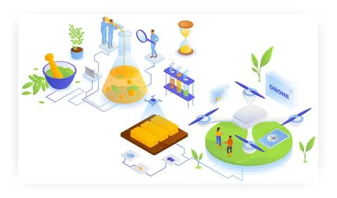 Smart farm, genetic engineering, vector illustration. Agricultural drone. Modern Stock Illustration