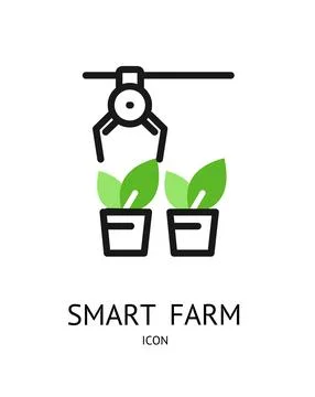 Smart Farm Sign Thin Line Icon Emblem Concept and Plant Seedling in Pot. Vector Stock Illustration