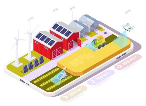 Smart farm in smartphone, vector isometric illustration. Wireless remote control Stock Illustration