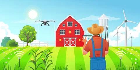 Smart farming - a farmer using a tablet computer to control a drone, monitor and Stock Illustration