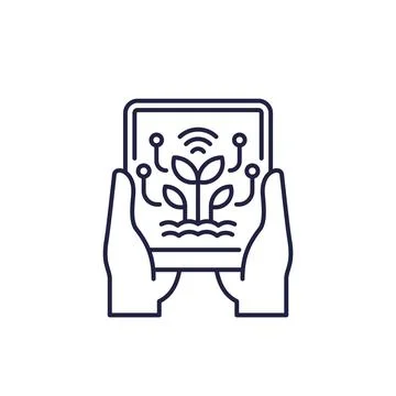 Smart farming line icon with tablet in hands Stock Illustration