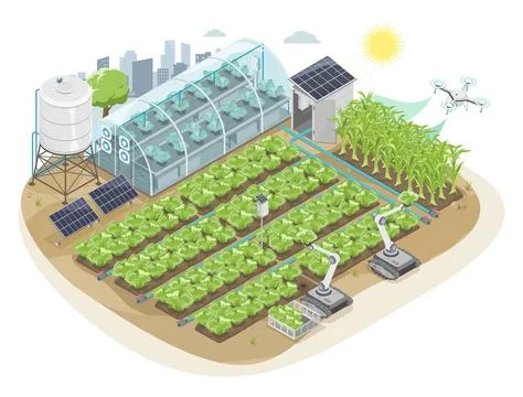 Smart Farming with Solar panel and robot cultivator 스톡 일러스트