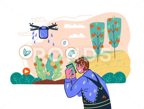 Smart farming technology and agricultural wireless system concept with farmer. Stock Illustrationen