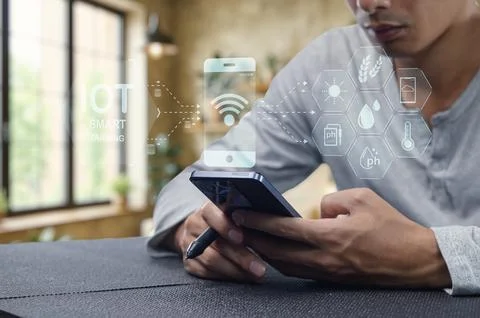 Smart Farming Technology and Data Analysis with Mobile Device Usage Stock Photos
