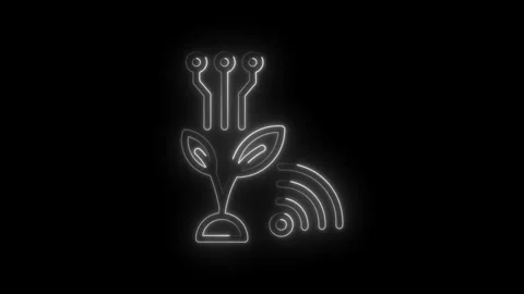 Smart farming technology icon glowing neon plant growth sensor wireless network Video stock 333952705