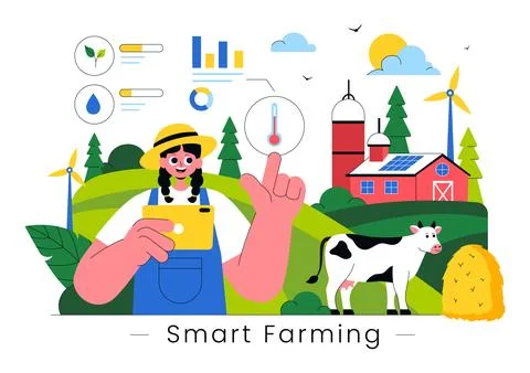 Smart Farming Technology Vector Illustration featuring a Farmer Managing Hi.. Illustrazione stock