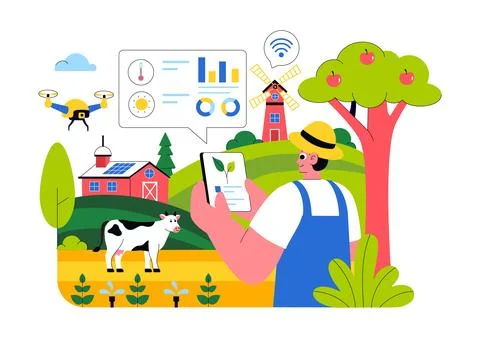 Smart Farming Technology Vector Illustration featuring a Farmer Managing Hi.. Illustrazione stock