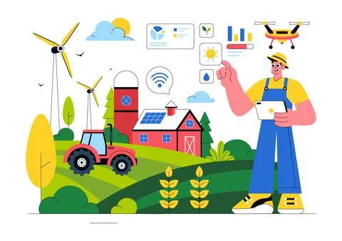 Smart Farming Technology Vector Illustration featuring a Farmer Managing Hi.. Illustrazione stock