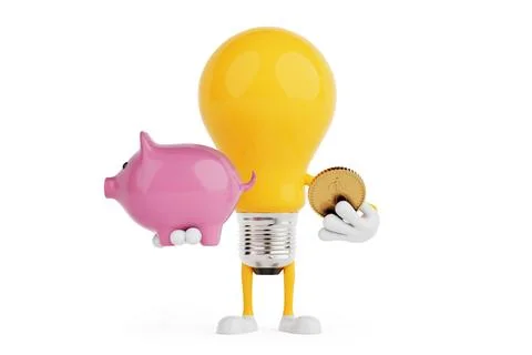 Smart Financial Planning Concept. Light Bulb Character Holding Piggy Bank A.. Stock Illustration