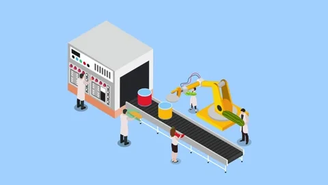 Smart Food Processing Factory with Conveyor Belt, Robots, and Workers 3d an.. Stock Footage 337943241
