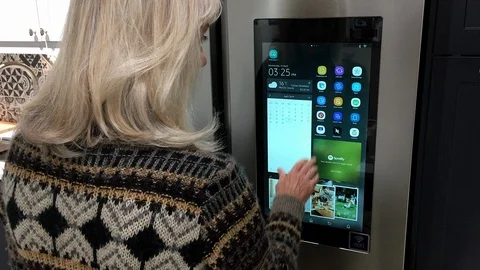 Smart fridge freezer with wifi enabled touchscreen Stock Footage
