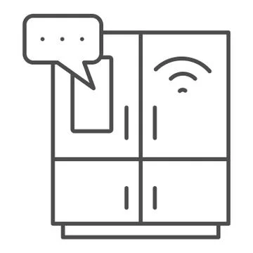 Smart fridge with screen thin line icon, smart home symbol, remote control Stock Illustration