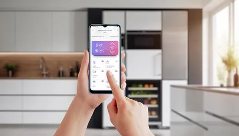 Smart fridge temperature control via mobile app. Advanced kitchen appliance Stock Photos