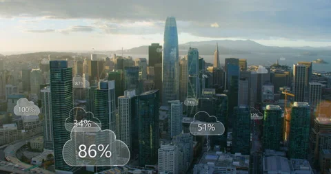 Smart Futuristic Aerial View Of San Francisco. Technology Concept, AR, IOT. Stock Footage