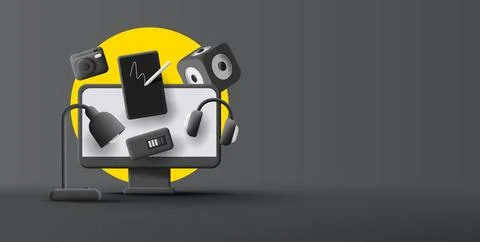 Smart gadgets electronics 3d render composition of desktop with tablet music Stock Illustration