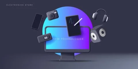 Smart gadgets electronics 3d render composition of desktop with tablet musi.. Stock Illustration