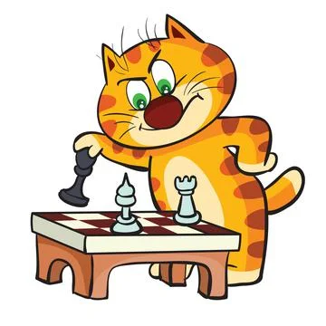 Smart ginger cat plays big chess and frowns his eyebrows cutely, cartoon illu Stock Illustration