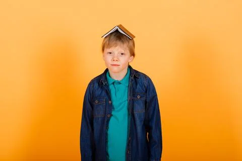 Smart ginger-haired young schoolboy with notebook isolated over yellow backgr Stock Photos