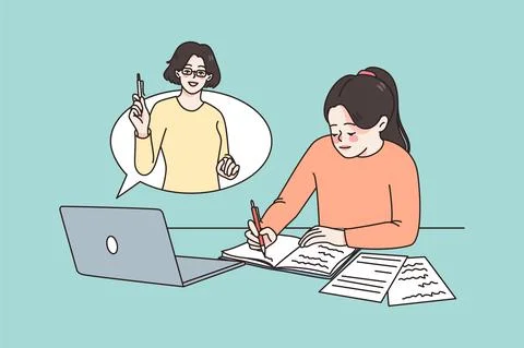 Smart girl study online on computer from home Stock Illustration
