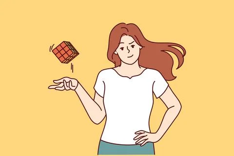 Smart girl throws assembled cube puzzle with ease, having coped with difficult Stock Illustration