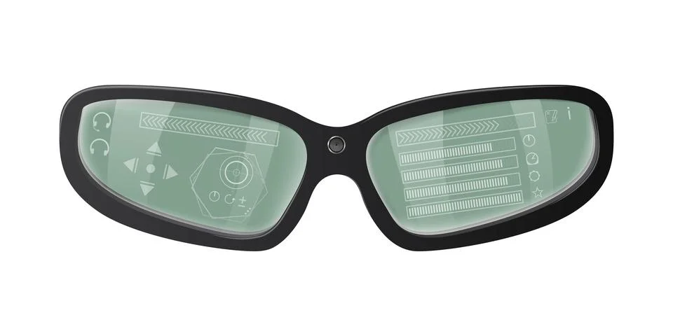 Smart glasses showing user interface with control buttons and audio player Stockillustratie