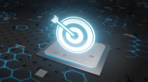 Smart goal setting, arrow hit the center of dartboard glowing blue. 3D Render Stock Illustration