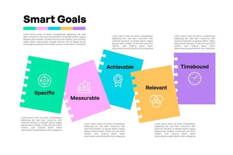 SMART Goals Infographic with Tear-Off Note Paper Icons and Descriptive Layout Stock Illustration