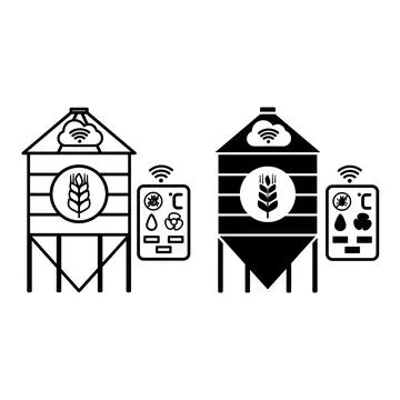 Smart Grain Silo Storage Icons. Line and Glyph Vector Illustrations. Automa.. Stock Illustration