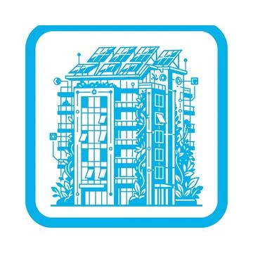 Smart green building blue line art with solar panels and natural elements. Stock Illustration