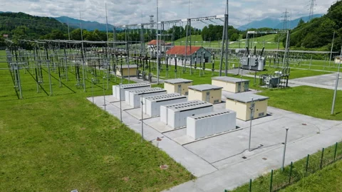 Smart grid battery storage system integrated with electrical substation Stock Footage 340653456