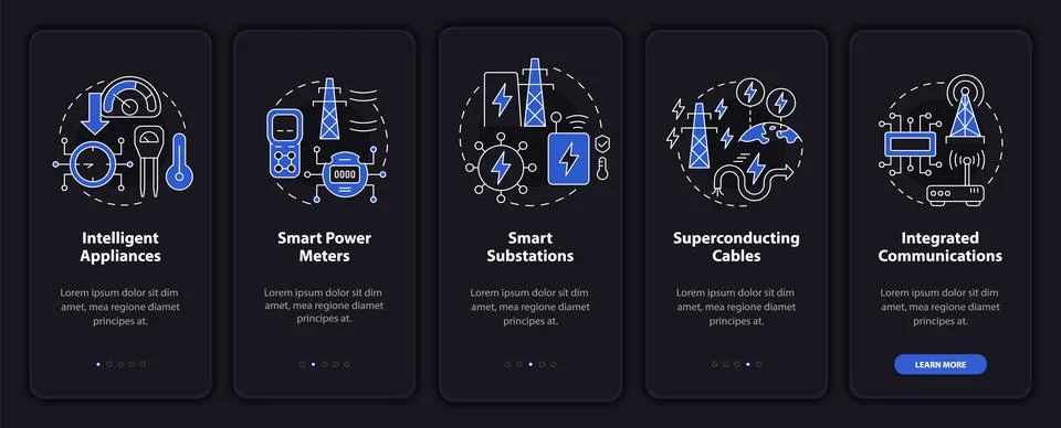 Smart grid components night mode onboarding mobile app screen 库存插图