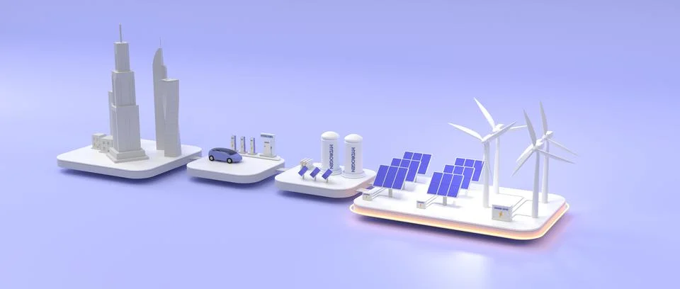 Smart grid concept, isometric 3d render. Sustainable energy farm with wind Illustrazione stock