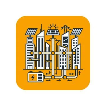 Smart grid energy distribution system with yellow urban solar building powe.. Stock Illustration