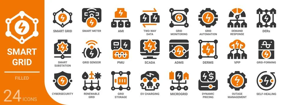 Smart grid filled glyph icon set,24 vector icons 库存插图