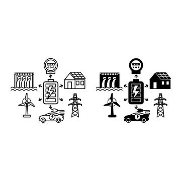 Smart Grid Network Icons. Line and Glyph Vector Illustrations. Power Supply.. Stock Illustration