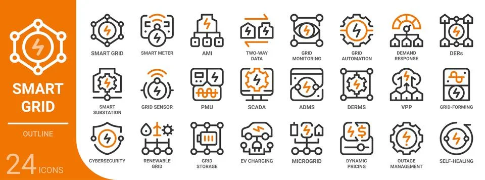 Smart grid outline icon set,24 vector icons 库存插图