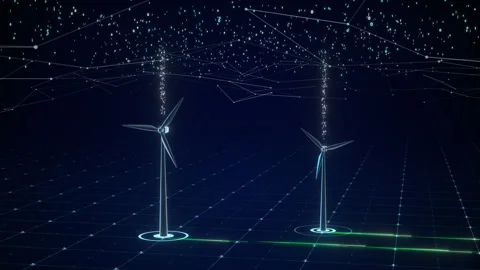 Smart Grid Wind Turbines Transmitting Cloud Data on Digital Landscape Video stock 337230617