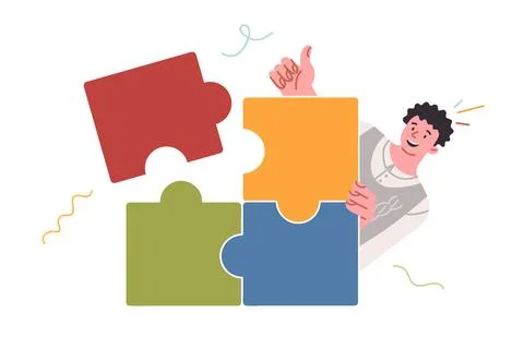 Smart guy assembled puzzle shows thumbs up after successfully completing complex Stock Illustration