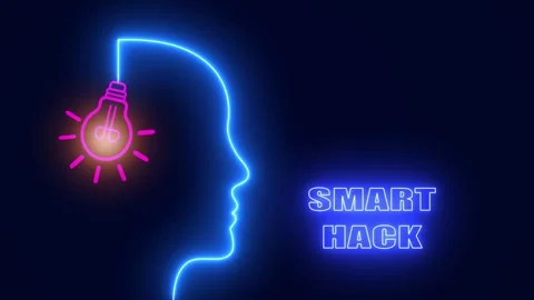 Smart Hack Neon Head with Bulb for Intelligent Problem Solving Stock Footage 328002140